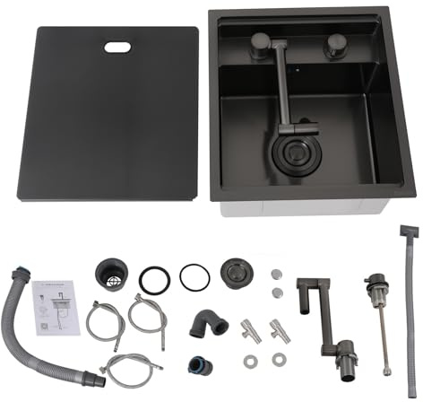 Fregadero de cocina para subplano, 39 x 43 x 23 cm, lavabo invisible que ahorra espacio con tapa, fregadero de acero inoxidable con grifo plegable, 1 bandeja empotrable, para bar, caravana