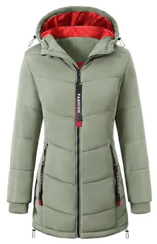 Yuson Girl Abrigo Mujer Invierno Acolchado Abrigos Largo y Viento Chaqueta con Capucha Puffer de Algodón Parka Cálido Otono Exteriores Ligero Outwear con Cremallera Bolsillos(Verde, XL)
