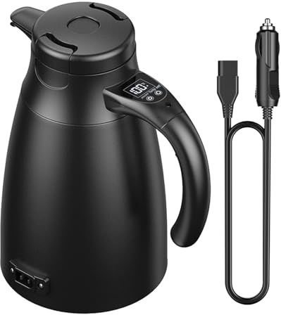 Hervidor de agua de viaje para coche, 12 V/24 V, 1,2 litros, de acero inoxidable, eléctrico, portátil, con encendedor de cigarrillos, hasta 100 ℃ con pantalla LCD para agua caliente, café, té, coche