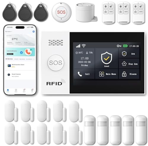 XUK Systeme Alarme Maison sans Fil – sans Abonnement ni Frais Mensuels – Kit Alarme Maison Complet avec Écran Tactile, Détecteur de Mouvement, Détecteur d’Ouverture, Sirène – Works with Alexa