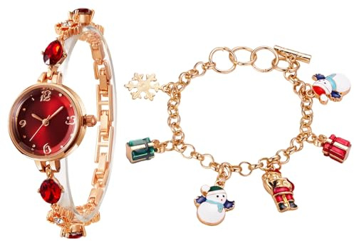 TIME100 Women's Rose Gold Watch & Bracelet Set, Mini Ladies Fashion Dress Rosegold Quartz Wrist Watches for Women Gift Water Resistant(Red)