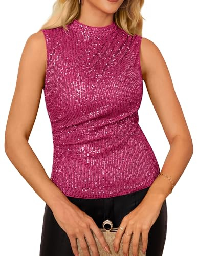 GRACE KARIN Sleeveless Stand Collar Tops Slim Fit Glitter Blouses Fashion Off-the-Shoulder Camisole Vest Rose Red XXL