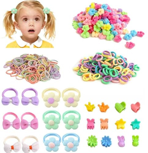 300 PCS Hair Ties Set Baby Toddlers, No Damage Baby Hair Ties, Mini Claw Clips, Flower Bow Elastic Scrunchies, Multi color Colorful Elastic Hair Ponytail Holder Hair Accessories for Baby Girls Kids