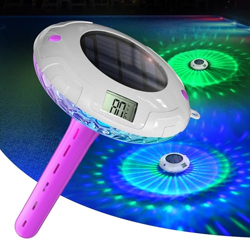 Lampe de piscine solaire avec double écran LCD, thermomètre de piscine flottant facile à lire, 8 effets lumineux dynamiques, thermomètre numérique étanche IPX7