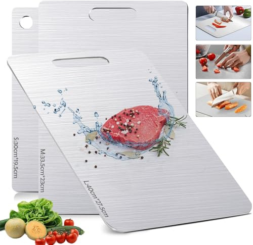Schneidebrett Edelstahl 3er Set (SUS316), Antibakterielles Titan Schneidebrett Set, Spülmaschinenfest & Schimmelfrei – Doppelseitiges Cutting Board für Fleisch, Obst & Teig – Nie wieder Mikroplastik