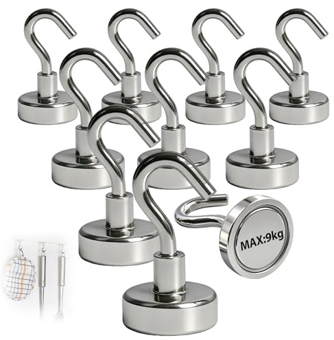 MDLSDE 10 Piezas Ganchos Magnéticos, 9kg imán extra fuerte Imanes 16mm con Gancho Super Fuerte para para Cocina Gadgets Dormitorios Taquillas Oficina Frigoríficos Colgar Luces Decorativas Plata