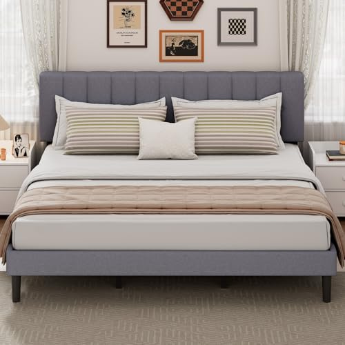 DUMOS King Size Bed Frame - Fabric Upholstered Platform Bed with Headboard, 800LBS Sturdy Wooden Slats Support, No Box Spring Needed, Noise Free, Easy Assembly, Grey