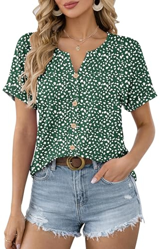 WNEEDU Chemisier Femme Chic Col V Haut Ete Elegant Tee Shirt Manche Courte | Décontracté blouse, avec boutons décoratifs, manches revers