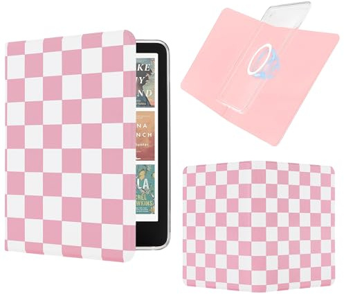 Litvana Magnetic Book Cover Case for 7'' Kindle Paperwhite & Colorsoft | Magnetic Detachable, Auto Wake/Sleep, Clear PC Case, Soft TPU Edge, Hands-Free Viewing, Pink & White Checkerboard