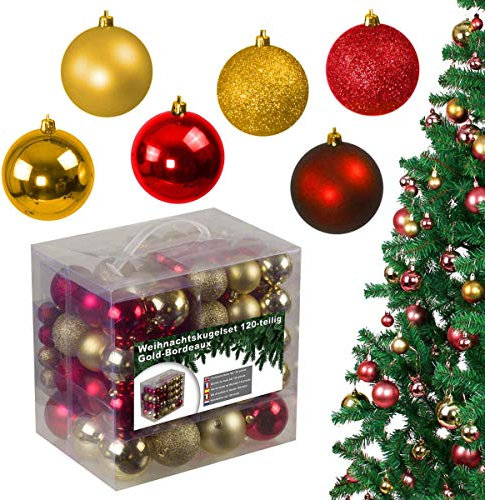 bonsport 120-teiliges Weihnachtskugeln Set aus Kunststoff - Christbaumschmuck Baumschmuck in Glänzend Glitzernd Matt, Gold/Bordeaux