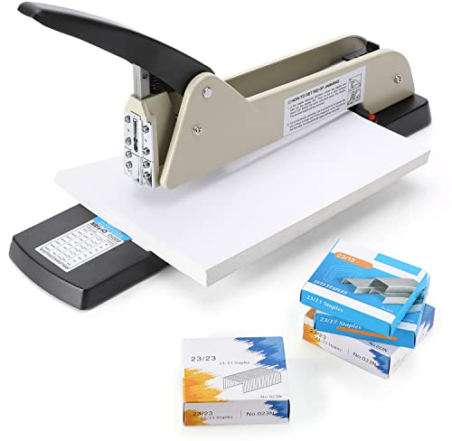 Frifreego Cucitrice a lunga portata, resistente, con braccio lungo, capacità 200 fogli, regalo 4000 graffette, profondità di spillatura regolabile da 25 cm, adatta per opuscoli e documenti d'ufficio