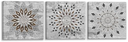 PIY PAINTING 3 pezzi Stampa su tela di un Motivi, Bohemien Dipinti su Tela, Stampe d'arte Bianco e nero, Stampe Decorative per Cucina Bagno Sala da pranzo Stanza dello yoga 30x30cm Con telaio in legno