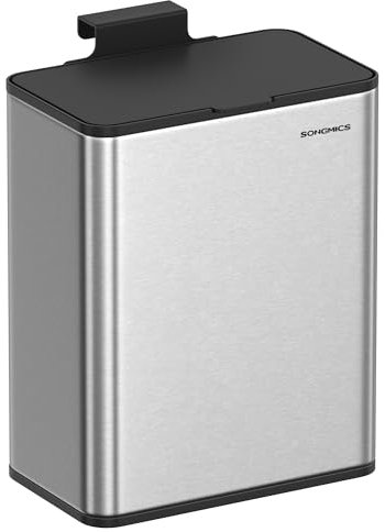 SONGMICS Poubelle de Cuisine Murale, Poubelle à Compost 8L avec Couvercle, pour Déchets Alimentaires, sur Porte ou Mur, avec Crochets, pour sous-Évier, Salle de Bain, Argent Métallique LTB810E08