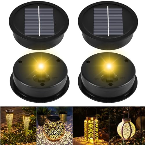 Joycabin 4 Stück Solarlampen Ersatz Top 8cm mit LED Warmweiß Licht Solardeckel, IP65 Wasserdicht Solarbatteriekasten Solarleuchten Solarpanel Ersatzteil für Solarlampen Laterne Deckel Garten