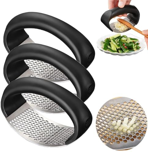 Spremiaglio in acciaio inox, Garlic Press 2024 bilanciere d'aglio migliorato, Garlic Press Rocker strumento di cottura Affettatrice aglio utilizzato per verdure tritate (3, nero)