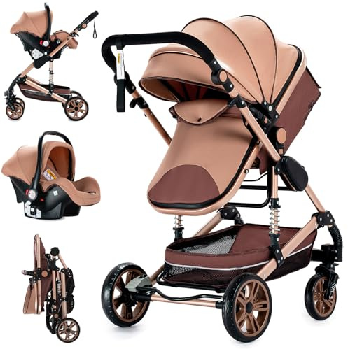 Veitoalioy Carrito Bebe 3 en 1, Portátil Cochecito Plegable, Carrito de Paisaje Alto Se puede empujar hacia adelante y hacia atrás, Cochecito de Bebé Conveniente y Multifuncional (739 Beige)