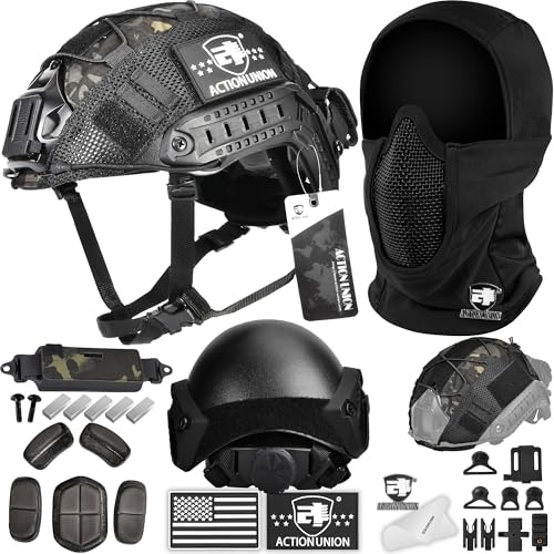 ACTIONUNION Airsoft Helmet and Mask Pro Set Tactical Paintball Helmet and Balaclava Mesh Mask MH Type with Counterweight (Black, Large)