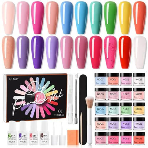 NOCIS Lot de 20 poudres de trempage pour ongles - Séchage rapide - Pas besoin de lampe UV/LED - Avec base et couche de finition - Activateur de pinceau - Pour la maison, le salon de manucure