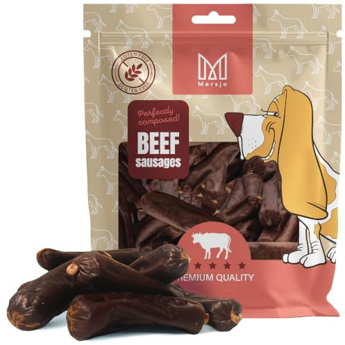 MERSJO Hundeleckerlis - Saucisses de bœuf de qualité supérieure pour chien - 500 g - Sans gluten - 90 % de viande de bœuf - Séchée à l'air libre