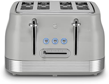 Swan ST19029GRY Retro 4 Slice Toaster with 7 Browning Levels, Removable Crumb Trays, Defrost, Reheat and Cancel Functions, Hidden Cord Storage, Non-Slip Feet, 1860W, Grey and Stainless Steel