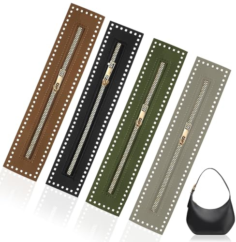 4 PCS PU Leather Zipper, 27x5.5cm Zip for Crochet Bag with Holes | Handmade Bag Zippers, Bulk Close Zipper Frame, Zips Replacement Parts, for Bag DIY Craft Crochet Sewing (4 Colors)
