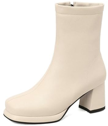 Bottines minimalistes couleur unie pour femme - Bout carré - Talon bloc - Chaussures à plateforme avec fermeture éclair latérale, beige, 41 EU