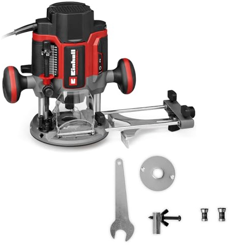 Einhell Professional Oberfräse TP-RO 1400 E (1400 W, Hubhöhe 55 mm, Spannzangen Ø 6 und 8 mm, LED-Licht, inkl. Parallelanschlag, Zirkelspitze, Kopierhülse & Werkzeug)