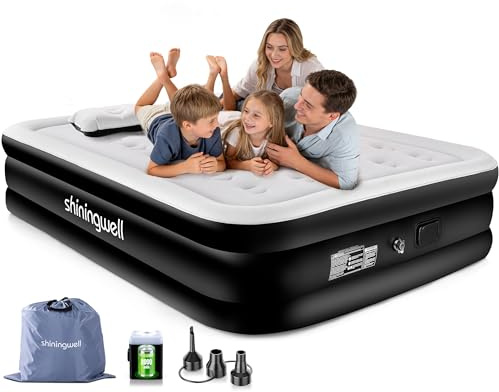 shiningwell Air Mattress with Built-in Pump, Double Blow up Mattress, Inflatable Air Bed with Soft Velvet Surface, Leak-Resistant Technology, Ideal for Camping and Home Use 200x152x48cm