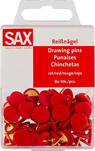 SAX Reißnägel Rot 80 Stück, Heftzwecken für Pinnwand Korktafel, 10 mm Kopfdurchmesser, Kunststoffummantelung, Metallspitze, Kunststoffbox mit Sicherheitsverschluss