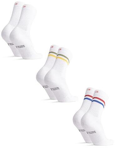 DANISH ENDURANCE Performance Crew Socken, Mehrfarbig Retro (1 x Roter/blauer Streifen, 1 x Weiß, 1 x Grüner/gelber Streifen - 3 Paare, Gr.- EU 35-38