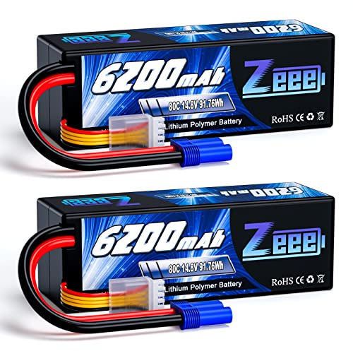 Zeee 4S Lipo Battery 14.8V 80C 6200mAh Hard case Battery with EC5 Connector for Car Truck Tank RC Buggy Truggy Racing Hobby (2 Packs)