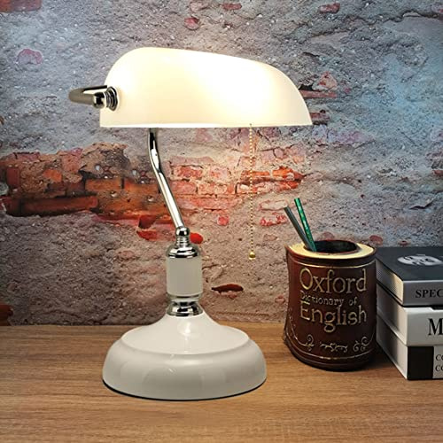 WRMING Bankerlampe Weiß Glas Vintage Tischlampe mit Zug-Schalter Chrom Bankers lamp Klassik Retro Tischleuchte mit Glasschirm Schwenkbarer Bibliothekslampe, E27 Fassung