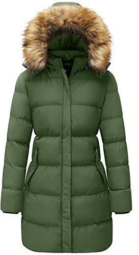 WenVen Abrigo Largo de Invierno para Mujer Acolchada con Capucha Chaqueta | Forro Térmico,Impermeable,Capucha Desmontable,Bolsillos de Felpa,Cremallera Bidireccional,Corte Entallado,Uso Diario,Trabajo