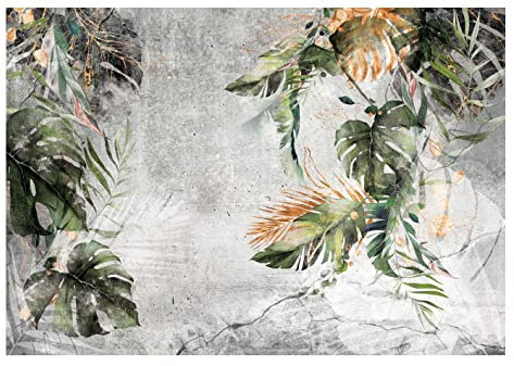 WallArena - Vlies Fototapete Blätter Grün Pflanzen Monstera Beton Vintage Retro 416x254 cm - Fototapeten Tapeten für Wohnzimmer Schlafzimmer Vliestapete Wandtapete Tapete 3D Effekt- inkl. Kleister