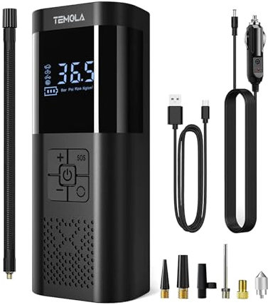 TEMOLA Mini Compressore Aria Portatile, Potente Senza Fili con Luce LED, Accessori Auto Essenziali per Gli Uomini con Manometro per Moto Bicicletta