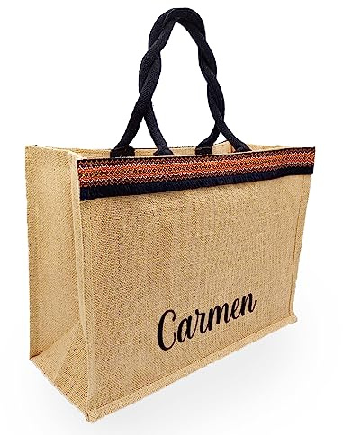 Caribu design Borsa in Juta Personalizzata con Nome Iniziali Testo Tote Bag Personalizzata Shopper Grande Donna Ragazza 42x33x19 cm Estiva per Spiaggia Mare Shopping Bordo Frangia Nera