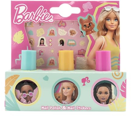 Barbie Children's Nail Varnish & Stickers Gift Set - Non-Toxic - Waterbase Polish - Peelable varnish - Gift