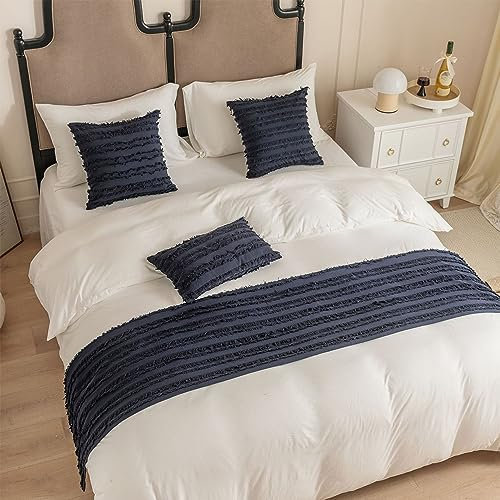 Morbuy Runner Letto Matrimoniale, Jacquard Lino di Cotone Corridore Letto, Morbido Sciarpa e Federa da Letto, Modern Alberghi Scarf Runner Decorazione (30x50 cm (Federa),Blu Navy)