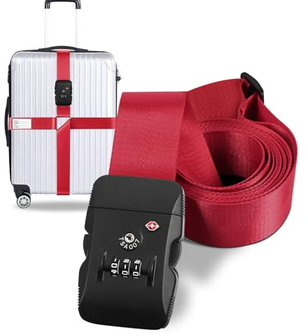 Sangle de Bagage Croisées, Sangle de Valise avec Serrure de Bagage Certifiée TSA, Ceintures de Valise de Réglables avec Étiquette de Bagage (Rouge)