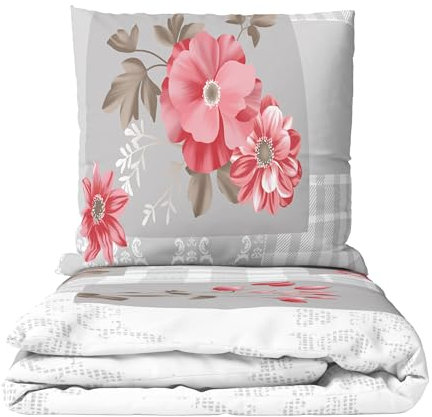 Leonado Vicenti Biber Bettwäsche Set 135x200 Kariert Blumen Grau Rosa Weiß 80x80 Winterbettwäsche Kuschelig Warm Reißverschluss 4 teilig