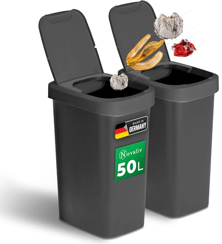 Novaliv 2 cubos de basura de 50 l con tapa 2 en 1, tapa abatible y tapa basculante, elegante y antiolor para cocina, hogar, oficina, cubo de basura, cubo de basura de plástico