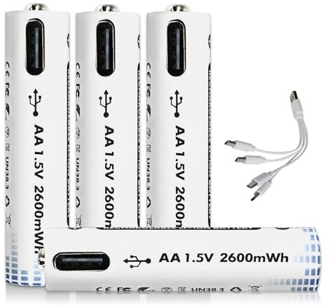 Anern 4 Piezas Pilas De Litio Recargables De 1,5 V 3400Mwh Pilas AA Recargables USB De Litio AA con Cable De Carga 4 En 1 Tipo C, Carga RáPida, Carga 1500 Veces De Ciclo