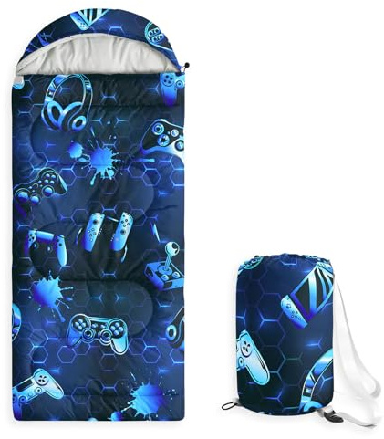 Wake In Cloud - Kids Sleeping Bag for Boys Toddlers, Camping in Warm Cold Weather, Backpacking Lightweight Compact Outdoor Liner for 3 Seasons, Gamer Gamepad, Navy Blue