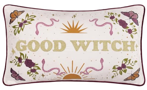 Furn Good Witch Polyester Filled Cushion – Reversible Halloween Embroidered Velvet Decorative Pillow with Metallic Thread (Angel White - 30x50cm)