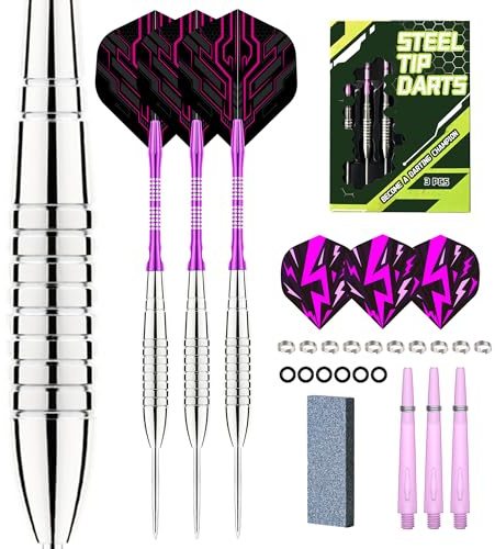 WayArrival 22g Steel Tip Darts Set - Premium Nickel Silver Barrels (Slimmer Than Brass) - Metal Tip Darts for Bristle Dartboard - High Grip, Pro Style - Includes Sharpener, 6 Extra Flights & Shafts