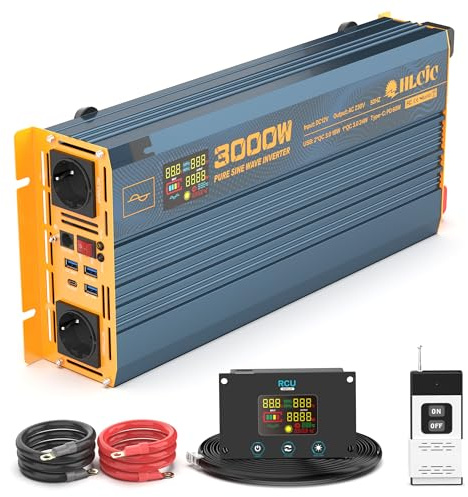 HLCJC Trasformatore di tensione 3000 W12 V, inverter sinusoidale puro da 12 V a 230 V, con presa 2 EU, 1 USB C, 3 ricarica rapida, display LCD per camper camion e auto