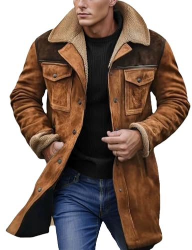 Veste de cowboy pour homme, veste western vintage en daim, col peluche, manteau long d'hiver en similicuir.