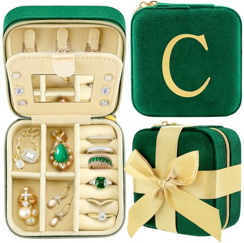 FIDWALL 26 Letter Small Jewellery Box with Bowknot,Travel Jewellery Case,Holiday Essentials for Women,Jewellery Box (C)