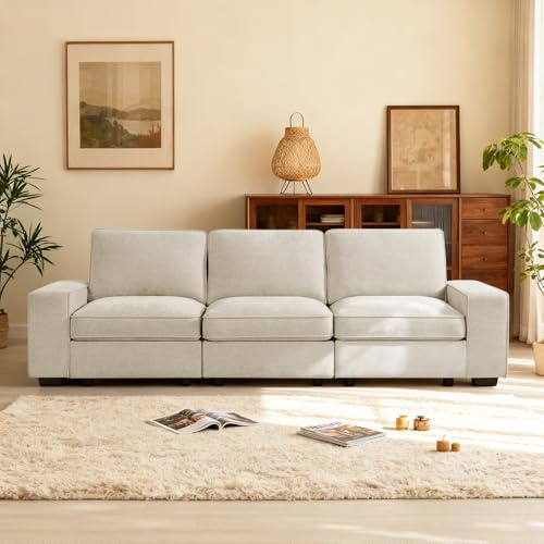 DUANDUAN 255cm Modulares Sofa Mit Großem Stauraum, Modernes, Bequemes Chenille-4-Sitzer-Sofa Für Wohnzimmer, Büro, Wohnung, Breite Armlehnen, Seitentaschen, USB-Anschluss, Abnehmbarer Bezu (beige)