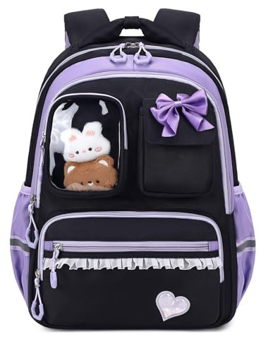 Amythe Schultasche Mädchen Rucksack Kinder, Atmungsaktiv und Bequem Schulrucksack für Mädchen 1. - 5. Klasse, Mode School Bag for Girls mit Reflektierend, 22 Liter, Schwarz Lila